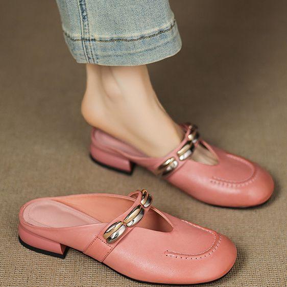 Great Good To Wear Bag Head Cool Slippers Women's 2025 Summer Wear Fashion Round Head Low Heel Thick Heel Medium Heel Pink Girlish Feeling