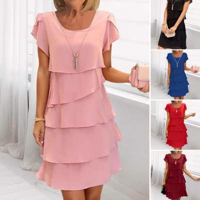 Women Chiffon Dress with Ruched Edge Round Neck Short Sleeves Multi-Layer Design Summer Midi Dress Daily Wear