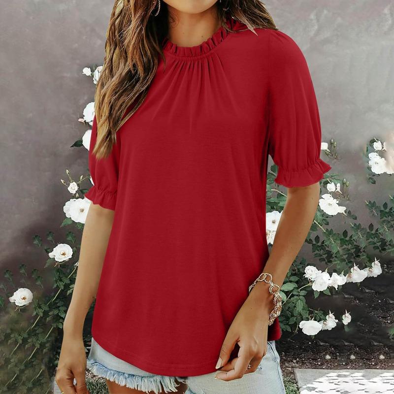 Women S Solid Color Round Neck Mid Sleeve Pleated Top