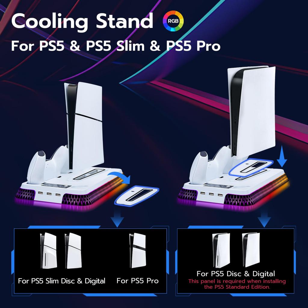 Mcbazel PS5 Slim Compatible Cooling Fan Dual Controller Charging Station with RGB Lighting and Headset Compatible with Both Disc and Digital Cooling