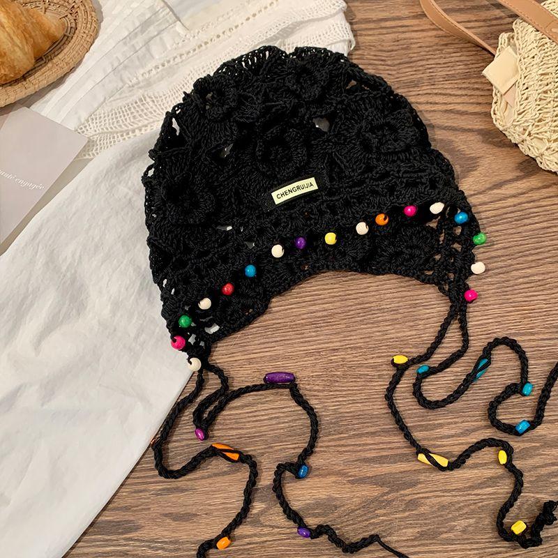 Bohemian Floral Tassel Woven Head Wrap Hat Women's Retro Hollow Ethnic Style Slouchy Hat Hand-Knit Cap