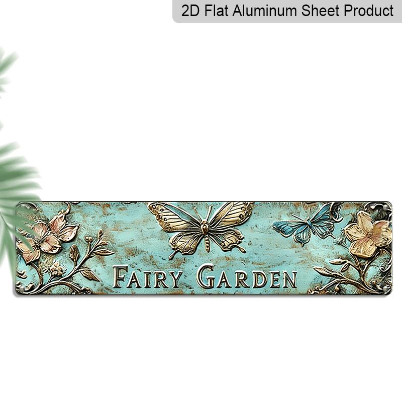 

2D Flat, 1pc Vintage Fairy Garden Wall Decor Sign - Turquoise Floral & Butterfly Metal Plaque, Rustic Outdoor/Indoor Alumium Decorative Sign for 40cm x 10cm