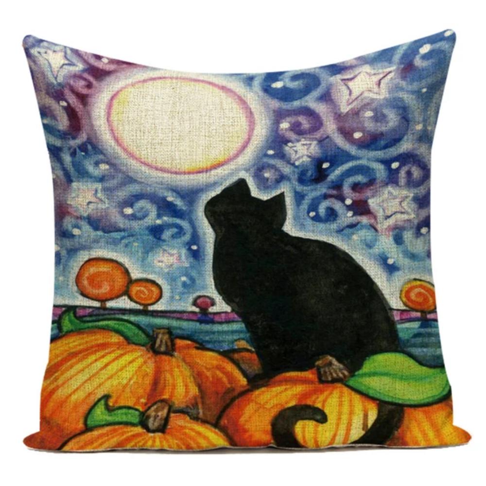 Retro Halloween Pillow Cover Vintage Illustration Witch Pumpkin Black Cat Cushion Case Home Decor Throw Pillowcase for Sofa Bed