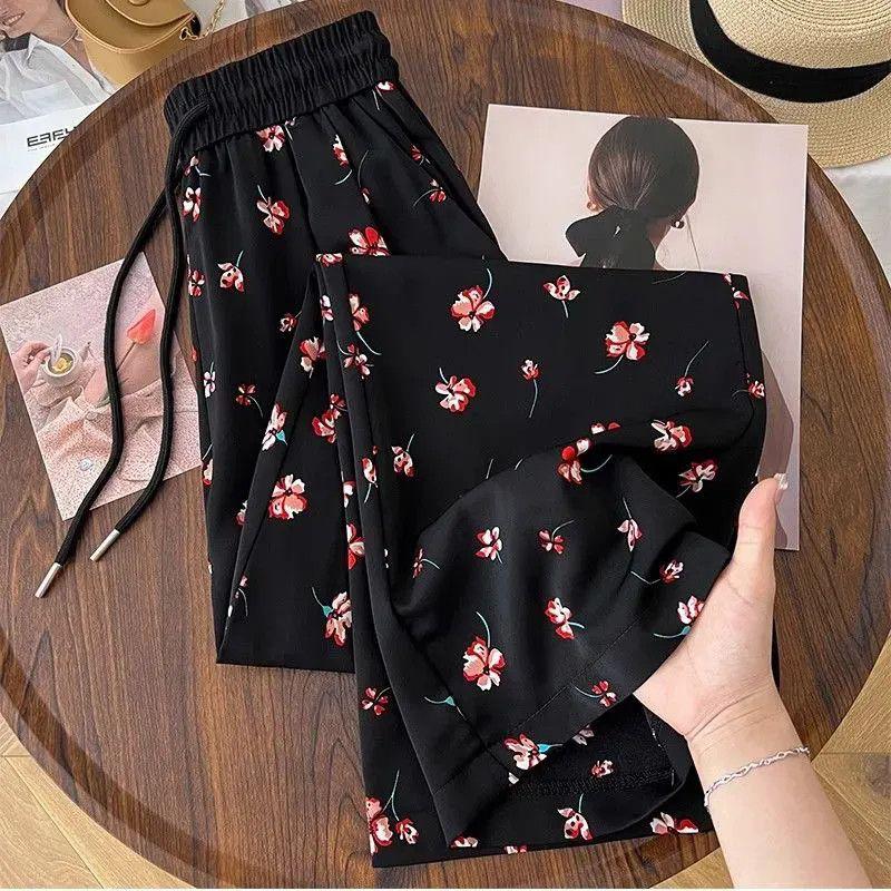 

Женские летние брюки из ледяного шелка и шифона с принтом, широкие штанины, высокая посадка, облегающие, драпированные, с эффектом тай-дай 3XL чёрный