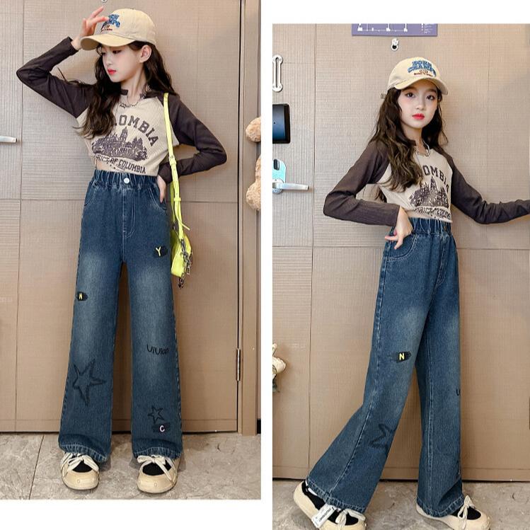 Girls' Jeans Wide Leg Pants Straight Leg Pants Loose Girls' Pants Children's Clothing Embroidered Pentagram Jeans Spring and Autumn Styles