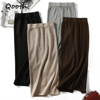 Women's Knit Pencil Skirt Mid Length Bodycon Slit Hem Fall Winter Fashion QT2783