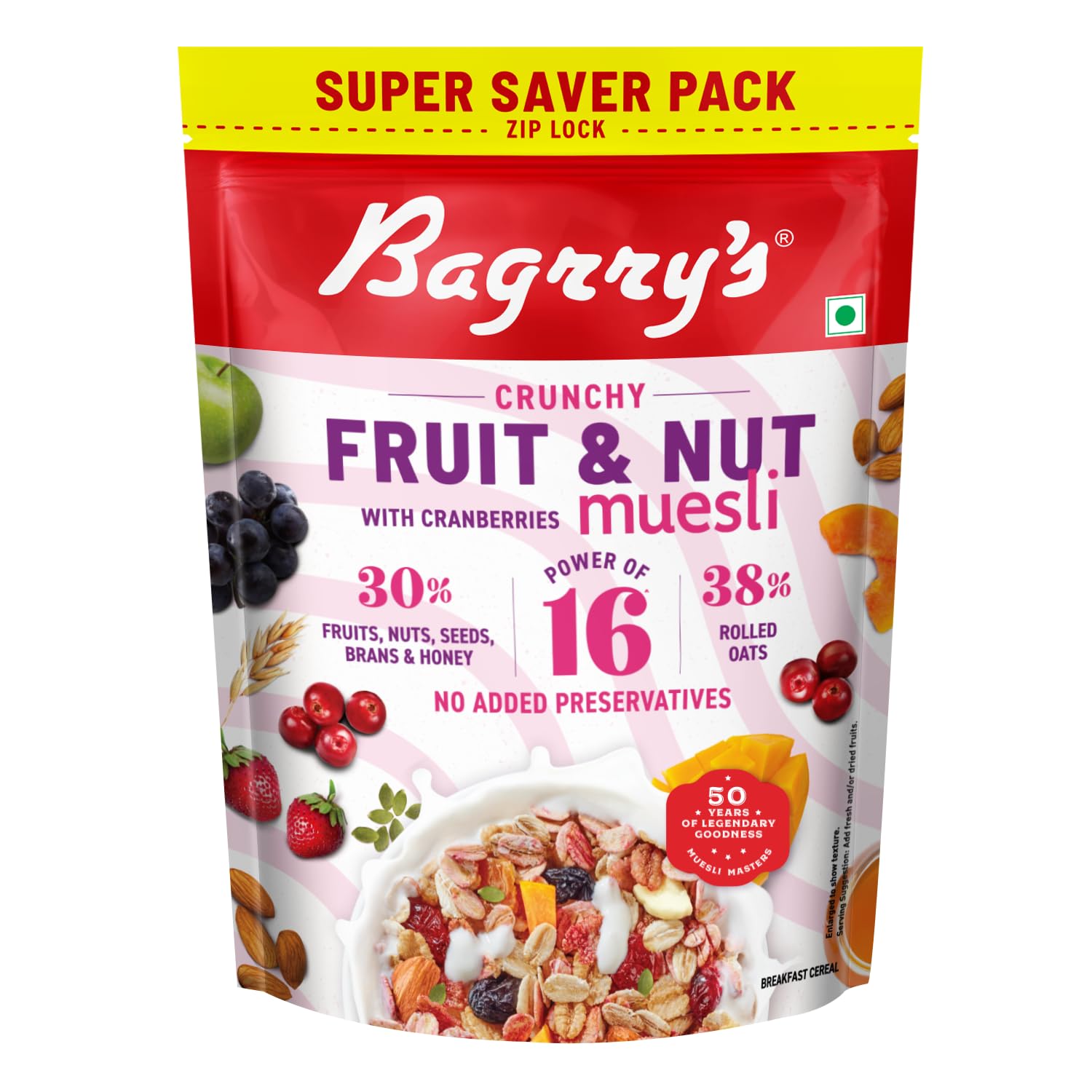 Bagrry’s Crunchy Fruit & Nut Muesli with 30% Real Fruits, Nuts & Seeds- 750G | 16 Real & Freeze Dried Fruits, Nuts, Seeds & Berries Muesli | No Can