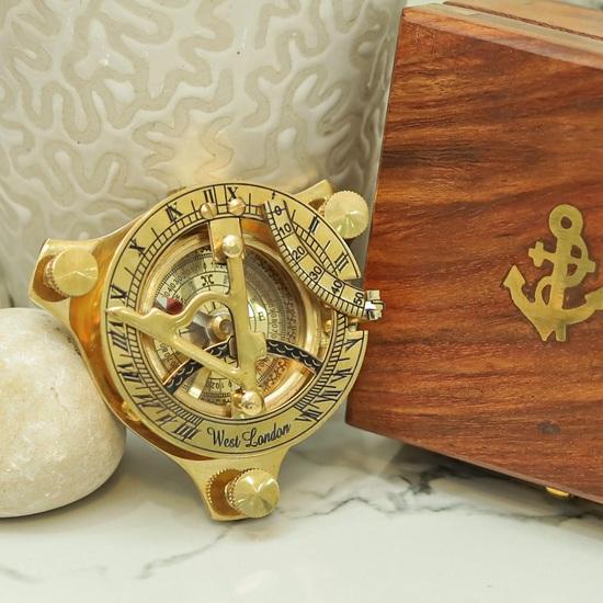 10.16 cm Brass Sundial Compass with Wooden Box Engraved Nautical Compass for Him, Explorer, or Retirement Gift
