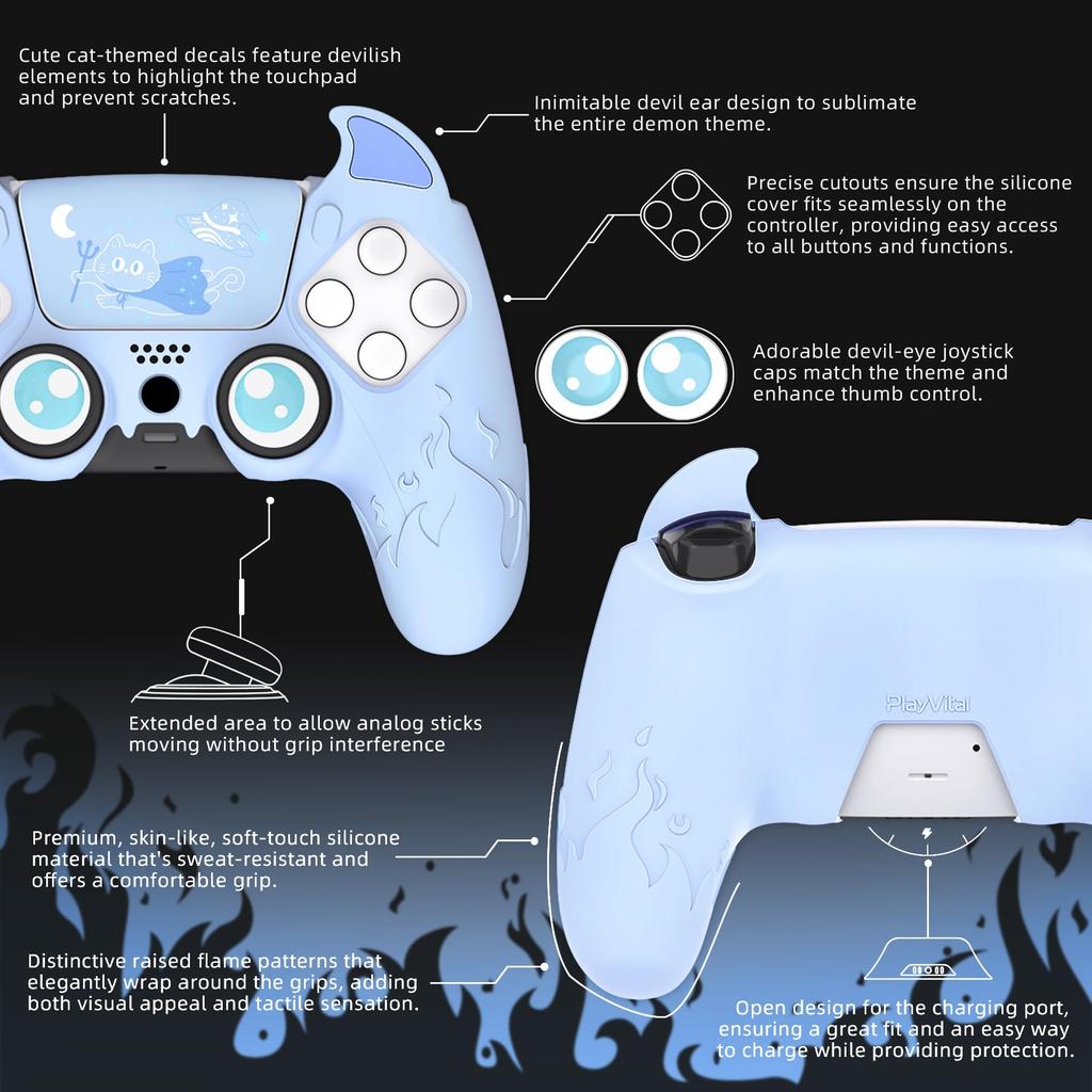 PlayVital Silikonhülle für PS5 Niedliche Controller-Hülle Skin-Schutz mit Daumengriffkappen Touchpad-Aufklebern Controller, (Dämonenstil) & [Babyblau]
