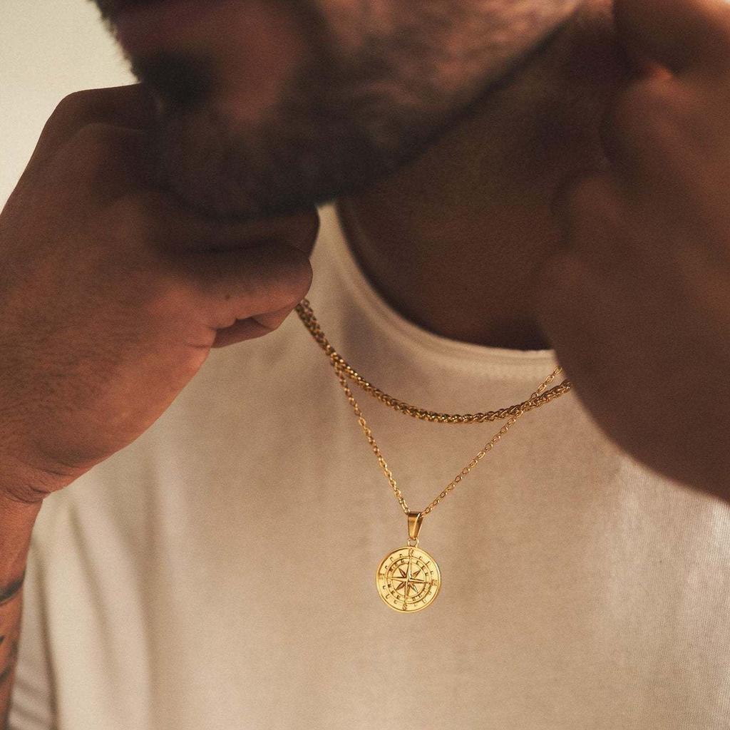 Vnox Compass Necklaces for Men, Layering Stacked Cuban Figaro Chain Necklaces, Casual Sailing Holiday Stainless Steel Boy Collar