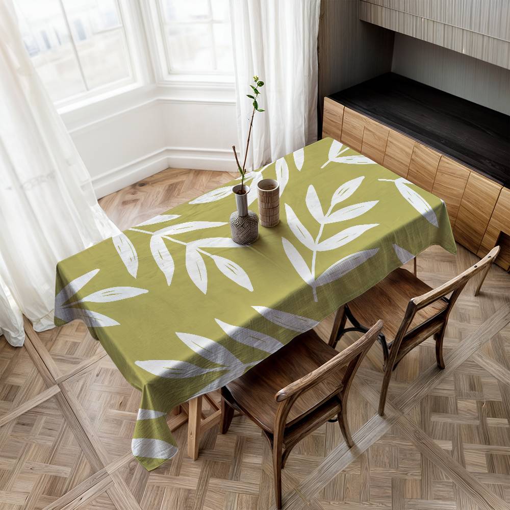 Plant Leaf (Green) Home Tablecloth - Waterproof, Anti-Stain, Rectangular For Dining Decor & Accessories