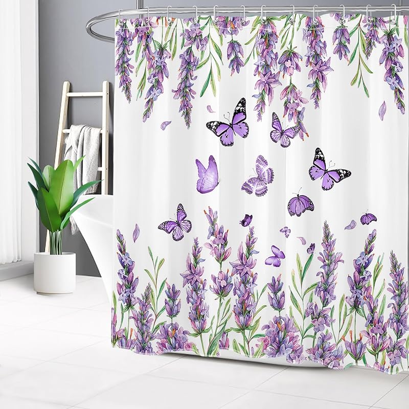 Purple Floral Shower Curtain Purple Lavender and Butterfly on White Shower Curtain for Bathroom, Rustic Flower Plant Shower Curtain Set Durable