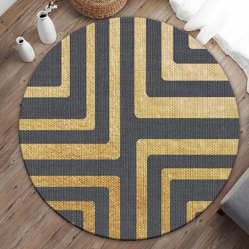 Modern Geometric Patterned Round Area Rug Artistic Gold Line Shape Print Carpet Soft Non Slip Floor Mat For Living Room Bedroom