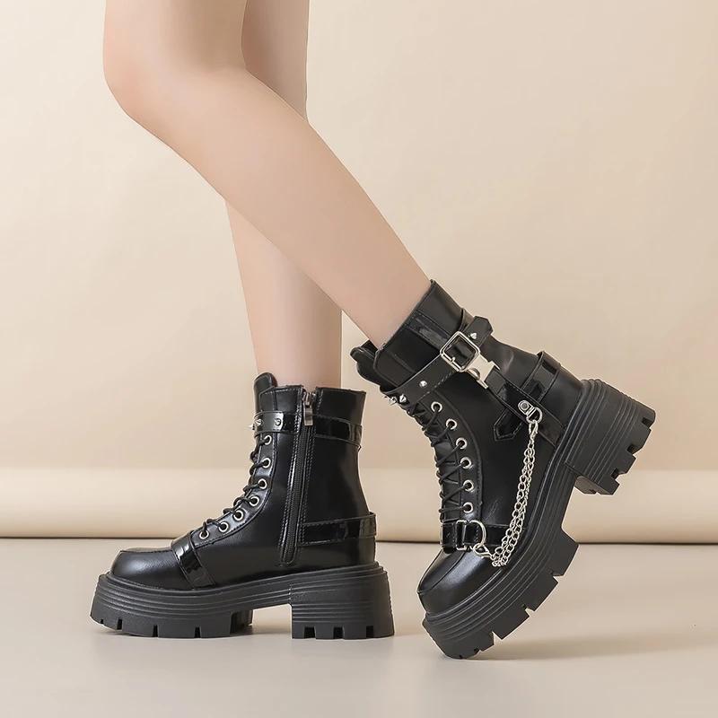 Fashion Fashion New Women's Biker Boots Patent Leather Breathable Zipper Lolita Platform Boots Autumn New Retro Gothics Botines Chelsea