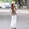 Summer New Design Sense Temperament Elegant Printed Waist Shirt Casual Wide-leg Pants Two-piece Set Women