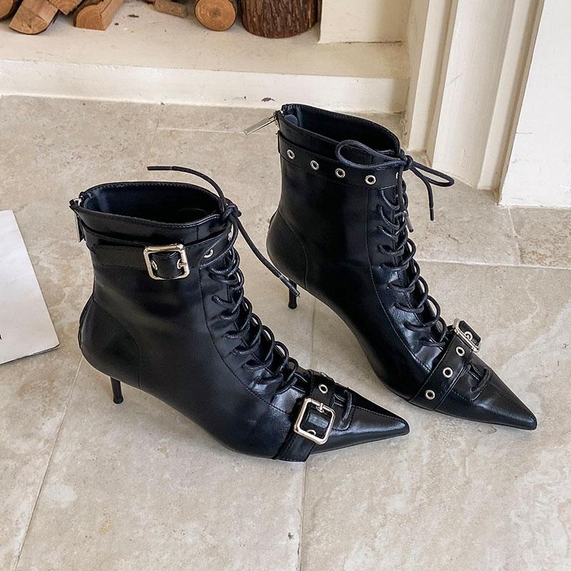Fashion Fashion Lace Up Modern Women Ankle Boots Shoes Buckle Strap Pointed Toe Ladies Short Boots Heels Shoes Female Pumps Lady