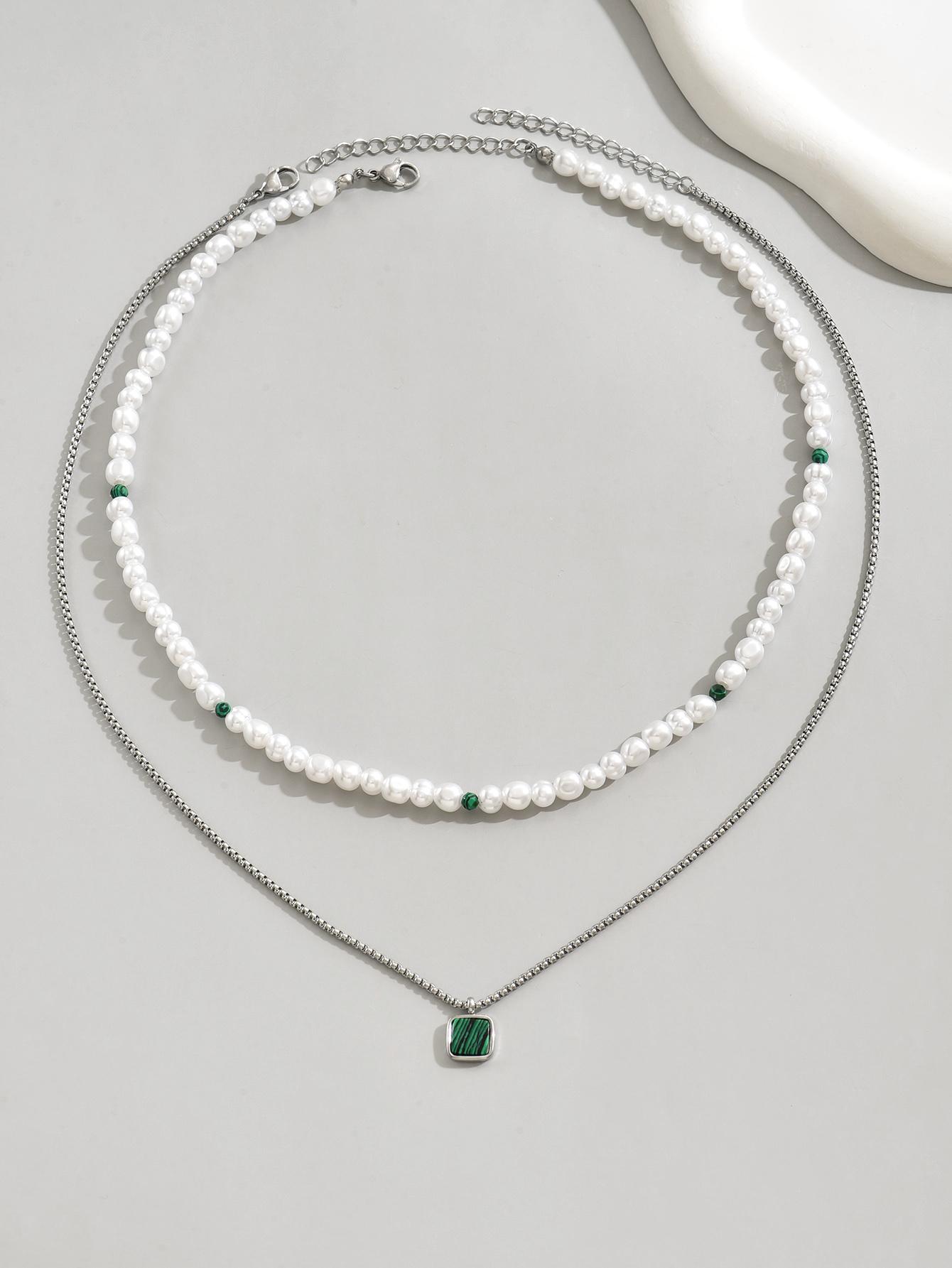 2PCS Fashion Trend Turquoise Pendant Men s Beaded Stainless Steel Necklace Casual Versatile Jewelry