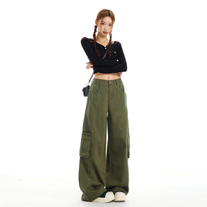 Women s Army Green Loose Cargo Jeans - Spring Style, Slim Fit, Wide Leg, Large Pockets XS
