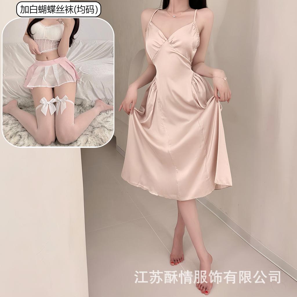 Crispy sexy suspender long hollow backless strap solid color low neck temptation casual nightdress home set