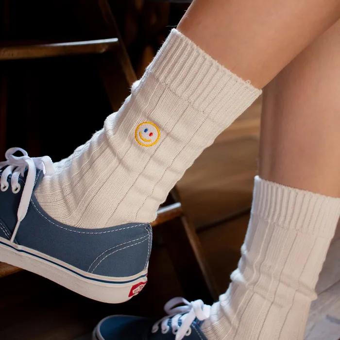 Knit Socks with Smile Embroidery - White