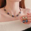 Blue Rhinestone Square Simulation Pearl Necklace for Women Vintage Collarbone Chain Sparkle Jewelry Sets