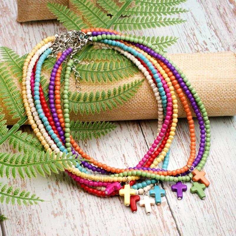 Fashion Women Bohemian Necklace 16 Inch Choker Collar 4mm Stone Beads Cross Colar Girlfriend Gift Beach Jewelry Accessories