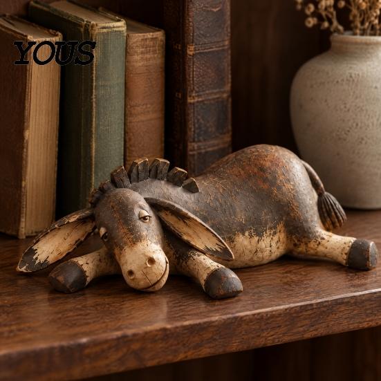 Domácí doplňky ve vintage stylu, Rustikální figurka osla, Opotřebovaná pryskyřičná soška zvířete na stolní desku, polici, krbovou římsu, Dekorace, Retro pastorační ozdoba