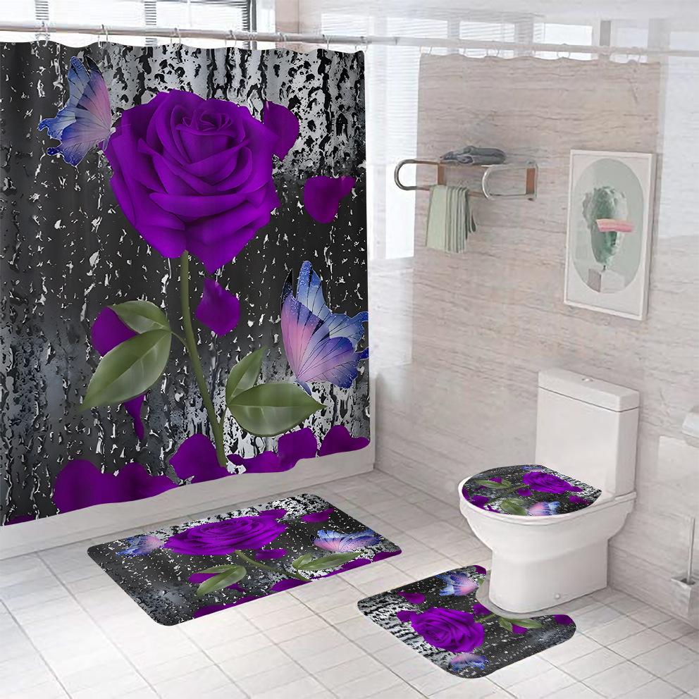 3D Cyfrowy Nadruk Róża Zasłona Prysznicowa Łazienkowa, Zestaw Trzyczęściowy Czteroczęściowy
