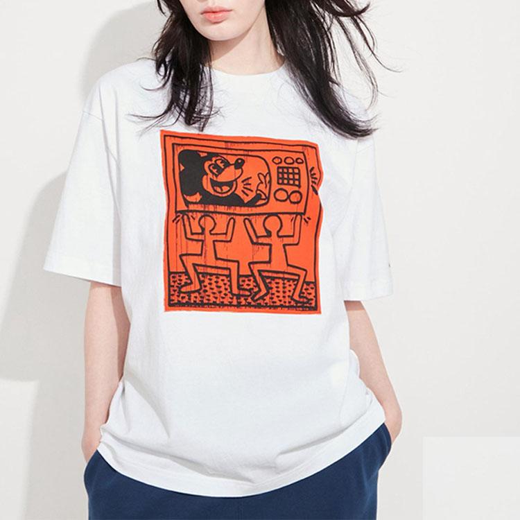 Uniqlo T-shirt Unisex Girocollo Manica Corta Stampa Anime Mickey E Keith Haring Top Bianchi 461337-00