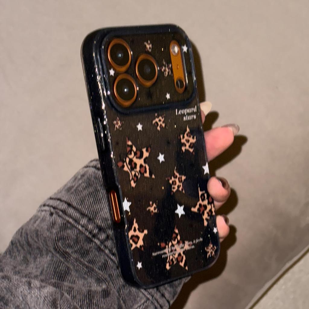 Glitter Leopard Print Star Phone Case for iPhone 15, iPhone 16, iPhone 17 Pro Max
