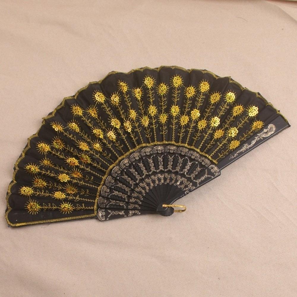 Sequin Embroidery Chinese Folding Fan Peacock Pattern Handheld Fan Plastic Fan Home Decor