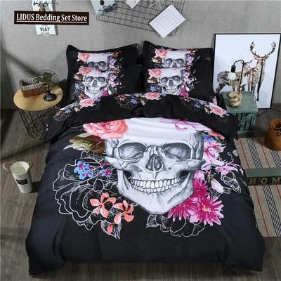 Blumen Schädel Bohemian Bettbezug Set 3D Mikrofaser Rosen Floral Und Skelett 2-teiliges Bettwäscheset
