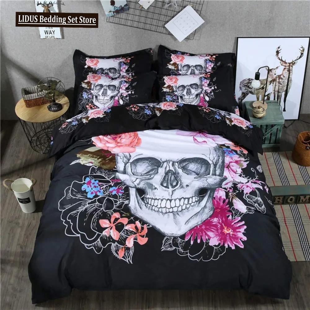 Flower Skull Bohemian Duvet Cover Set 3D Microfiber Roses Floral And Skeleton 2 Piece Bedding Set