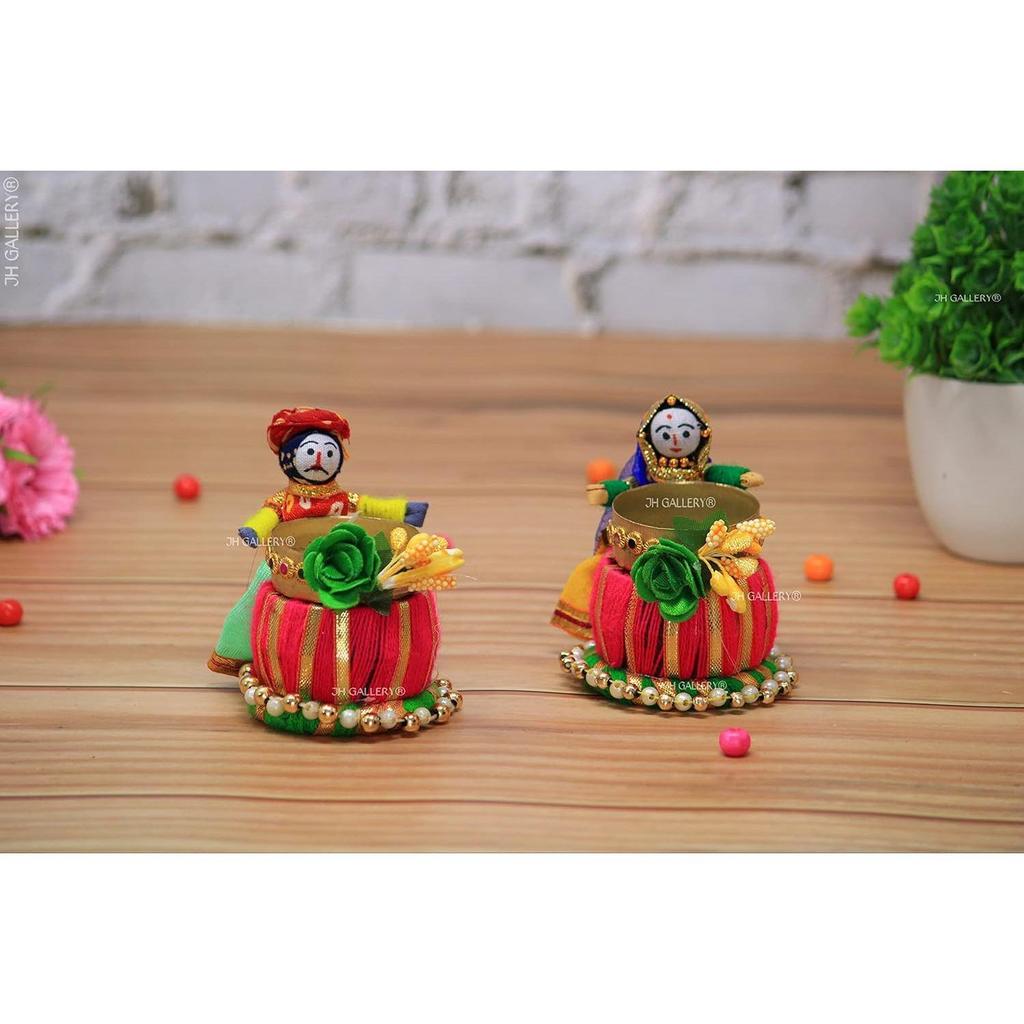Recycled Material Rajasthani Raja Rani Puppet/Dolls Decorative Tealight Candle Holder (Pack of 2)