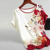 Plus Size Women's Silk Satin Blouse Spring Summer Floral Print O Neck Short Sleeve Casual Office Tops Fashion Shirt Blusas
