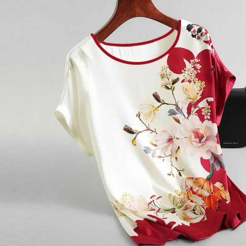 Plus Size Women's Silk Satin Blouse Spring Summer Floral Print O Neck Short Sleeve Casual Office Tops Fashion Shirt Blusas
