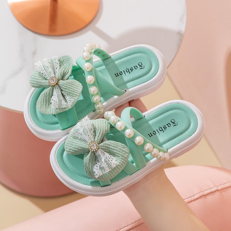 Princess Girl Sandals - Beach Slippers - Summer Children's Soft Bottom Anti-Slip Pearl Over-the-Knee Flip Flops