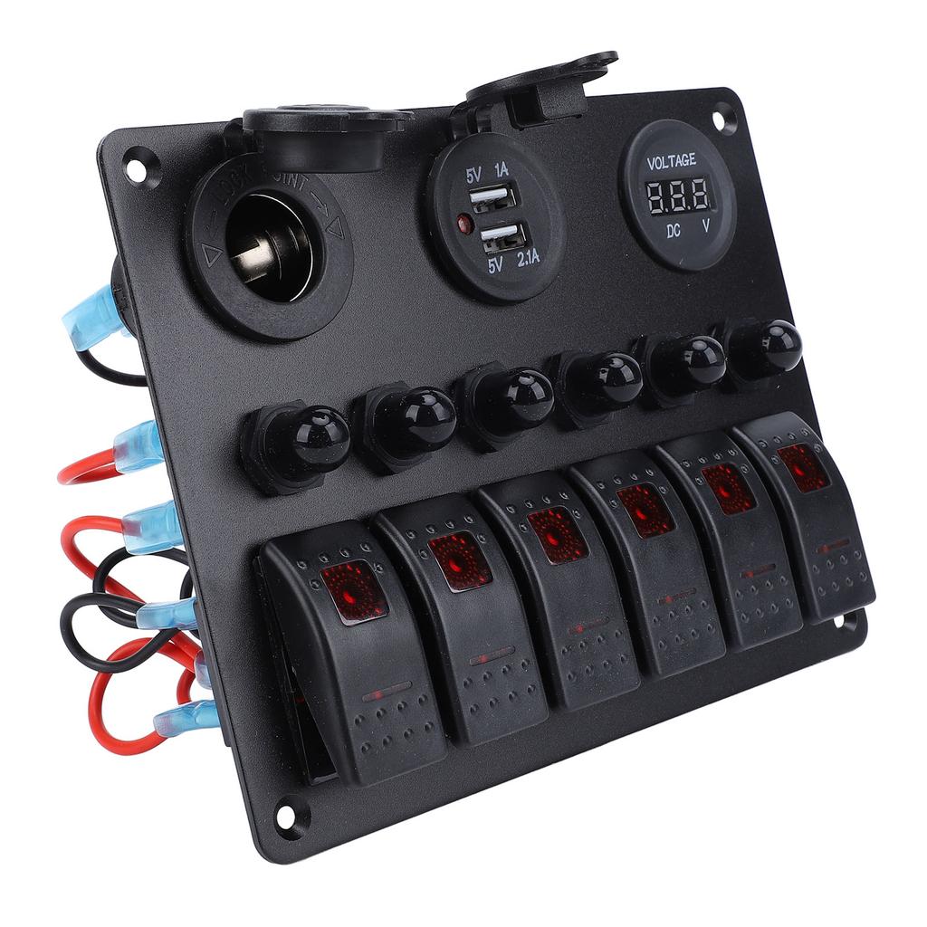 DC 12‑24V 6 Gang Rocker Switch Panel Overload Protection Dual USB Charger with Digital Voltmeter Display for Boats