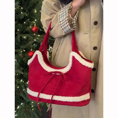 Red Christmas Plush Bag Women's 2025 New Retro Matte Lamb Wool Tote Bag Commuter Shoulder Armpit Bag