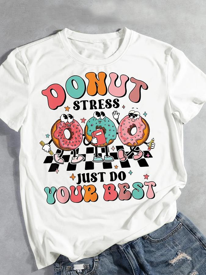 TXCartoon Donut Print T-shirt, Short Sleeve Crew Neck Casual Top For Summer & Spring, Women's Clothing