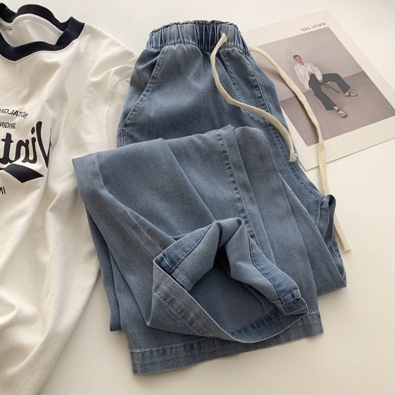 

Эластичные летние джинсы с высокой посадкой для женщин весна и лето больших размеров свободные прямые широкие брюки 2XL