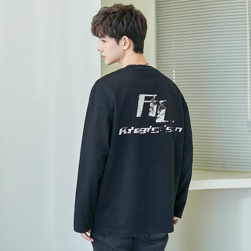 Heavy Crew Neck Sweater Pure Cotton Long-sleeved Men's Spring and Autumn Printed Bottoming Shirt Top Loose Sweater