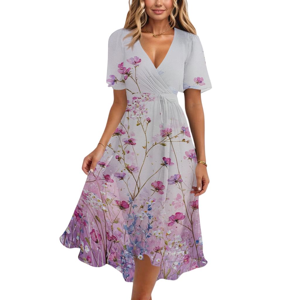 Women's Casual V Neck Short Sleeve Floral Print Dress Midi Length Wrap Style Lightweight Fabric Summer Dress