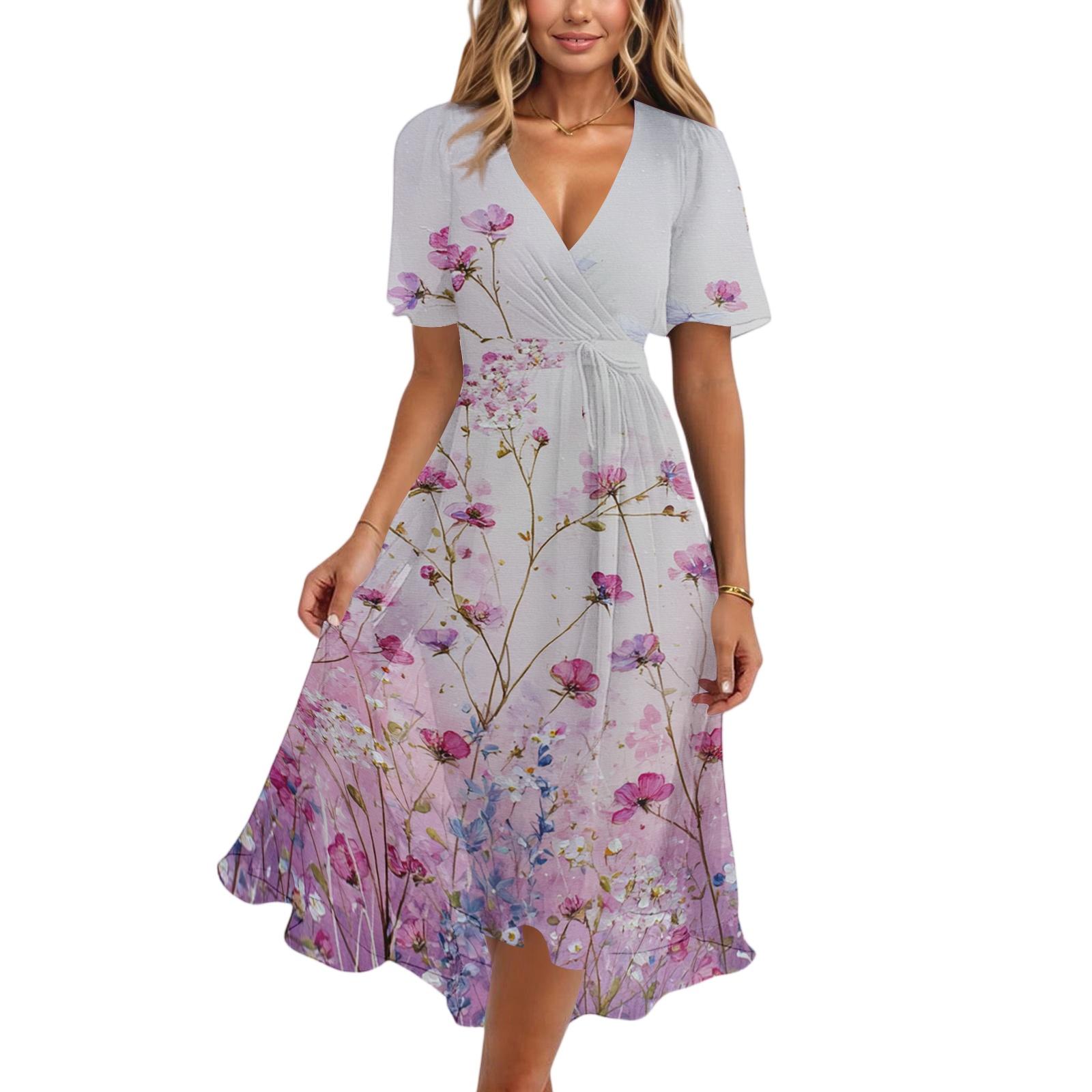 

Women V Neck Short Sleeve Floral Print Dress Casual Loose Fit Midi Dress with Belt and Asymmetrical Hem for Daily Wear XL