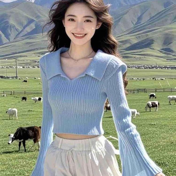 

Приталенный вязаный свитер топ с рукавами-клеш и отложным воротником L recommended weight 105-120 lbs синий