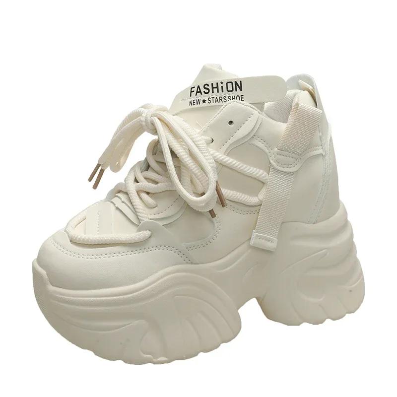 Fashion Women Walking Sneakers Autumn Lace-up High Platform Chunky Shoes Breathable Leather Shoes 10.5CM Winter Wedge Heels Casual Shoes