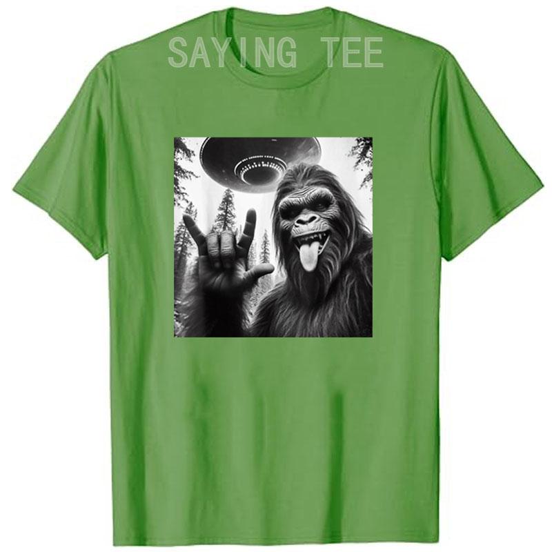 Funny Sasquatch Bigfoot Rock on Selfie with UFO Alien T-Shirt Humorous Father's Day Daddy Gift Short Sleeve Awesome Saying Tee