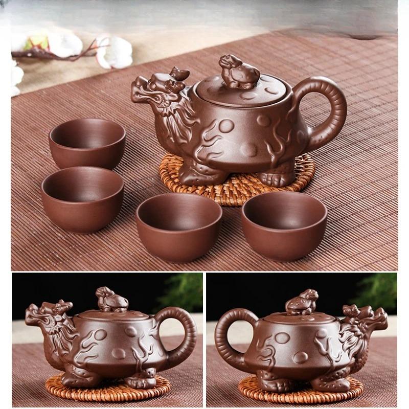Juego de té de arena púrpura Yixing, 1 tetera y 4 tazas sin base, portátil, para viajes, suministros para ceremonias de té chinas Productos Chinos