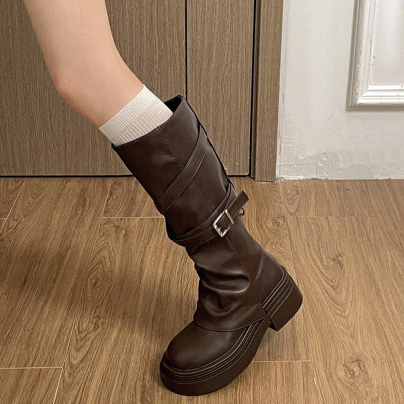 Vintage Thick Heel Women Knight Long Boots Fashion Slip On Knee High Booties Autumn Winter Shoes  De Mujer