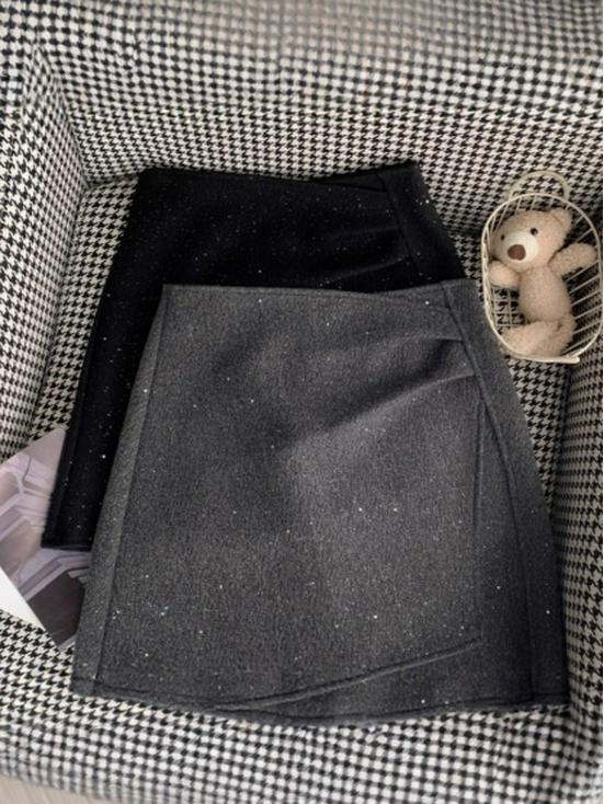 Girls' Sequin Tweed High-Waist A-line Skirt - Irregular Hip-Hugging Design for Autumn/Winter
